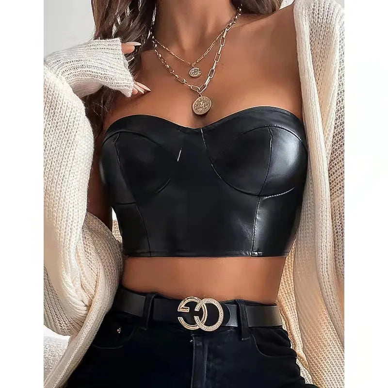 Black/Dark Brown Color S-XL Sexy Tank Top Glossy PU Leather Halter Crop Tops Women Wrap Chest Bare Midriff Camisole Sleeveless  Tube Top Female Cropped Vest