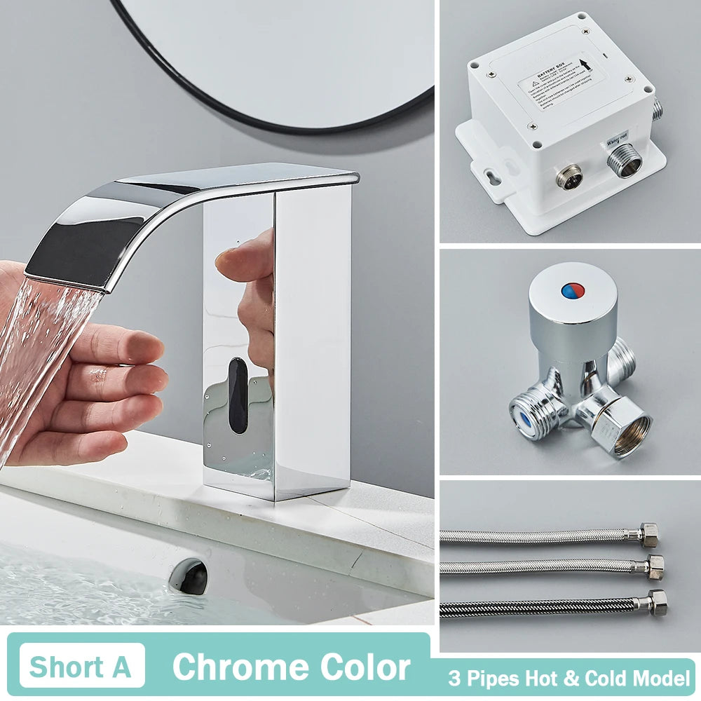 NEW Silver/Gold/ Black Color Luxury Smart Motion Sensor Bathroom Basin Faucet Touchless Automatic Sense Mixer Tap Waterfall Hot Cold Water Washbasin Crane Home Bathroom Accessories