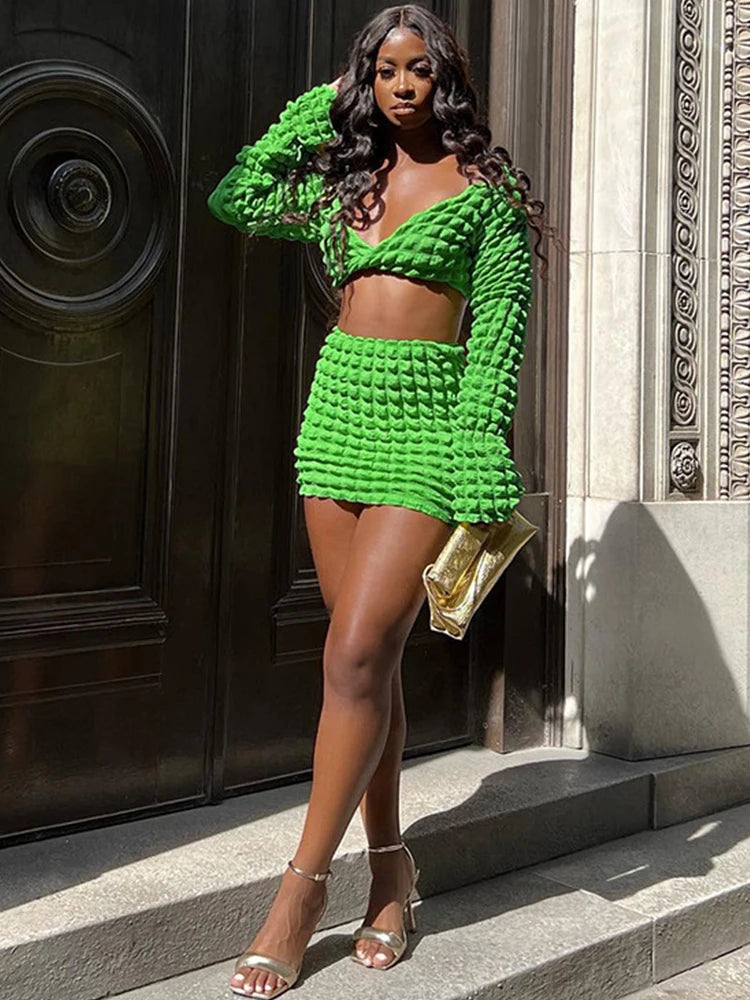 Skirt Set Women Outfits Twist Long Sleeve High Waist Skirt Suit Two Piece Set Beach Outfits Streetwear Green 2023 Matching Set