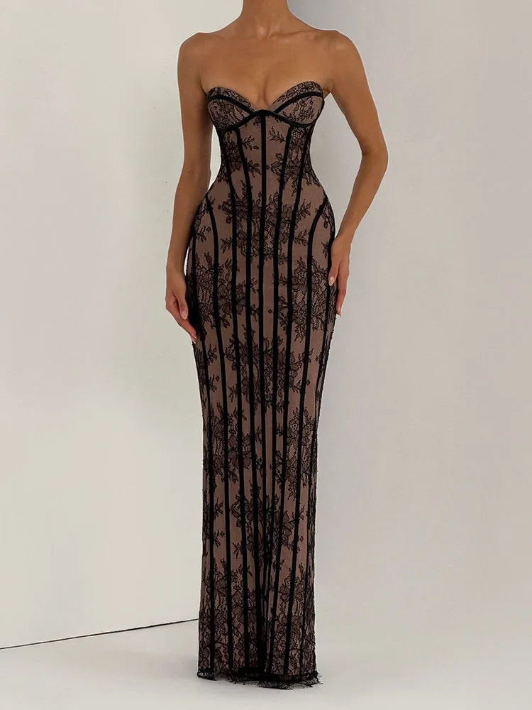 Black/Red Color French Style Chic Gauze  Strapless Sexy Maxi Dress Women Backless Off-Shoulder Waist Cinching Slim Lady Evening Party Gowns