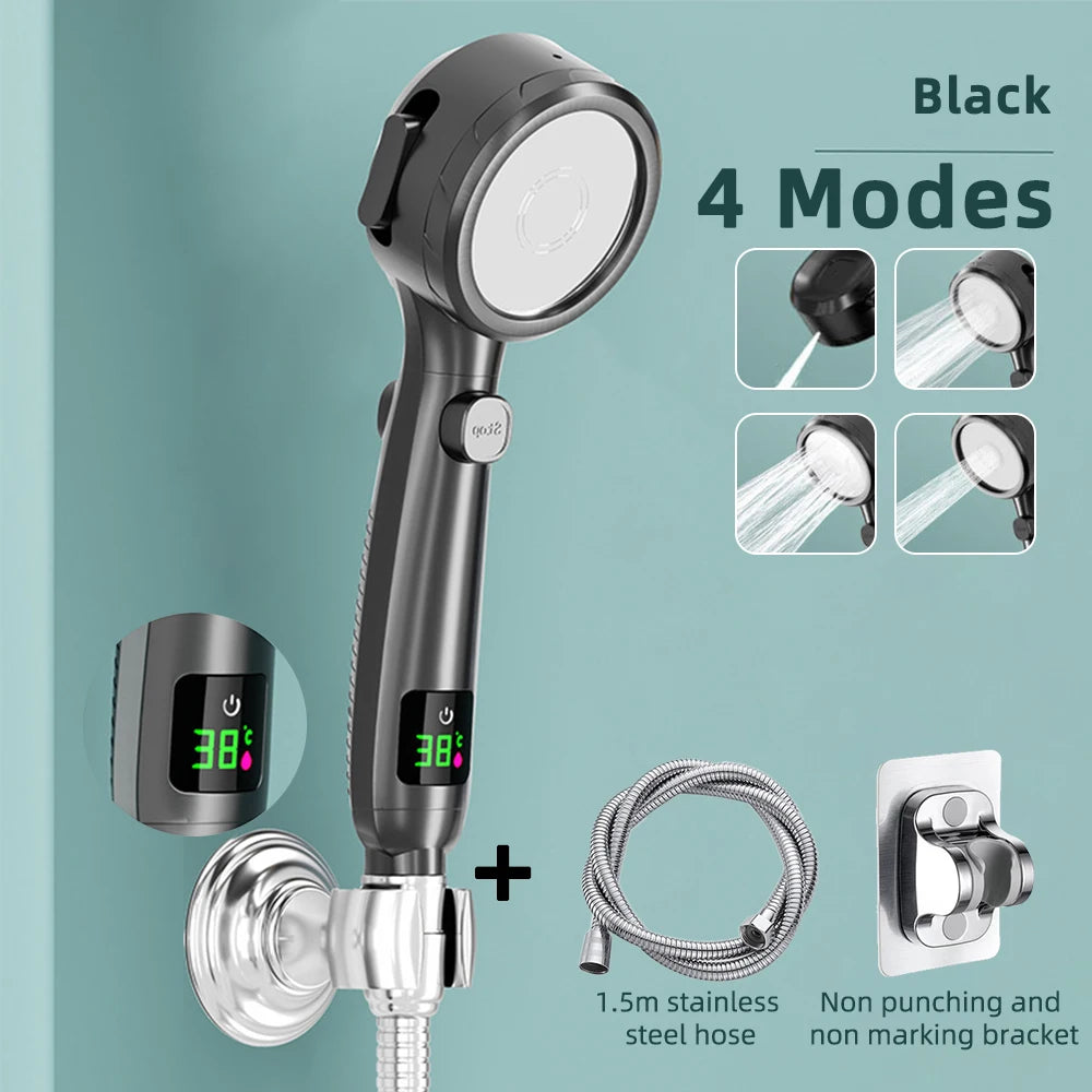 High Pressure Handheld Bathroom Shower Head Water Saving Showerhead Pressurized Adjustable Spray LED Digital Temperature Display