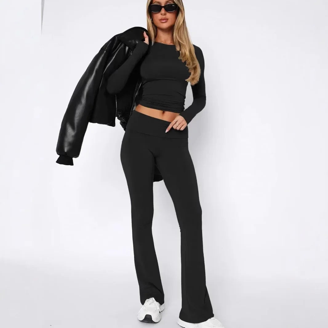 NEW Arrivals S-XL 7 Colors High-End Women's Long Sleeve Top And Flared Pants Set Fashionable And Stylish Polyester Fiber Women Outdoor Streetwear Sports Sets