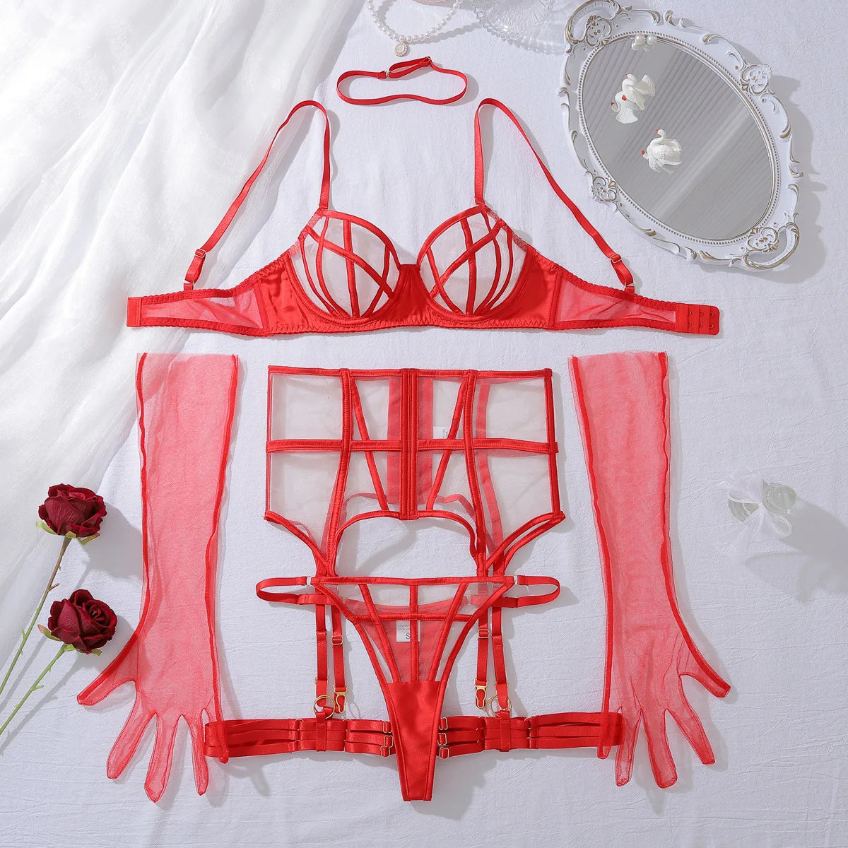 4 PCS Set Black/Red Color Sexy Garter Belts + Gloves Lingerie Suit for Women Solid Color Mesh Patchwork See-Through Women's Underwear Suit Sexy Gloves Garters Underwear Sets