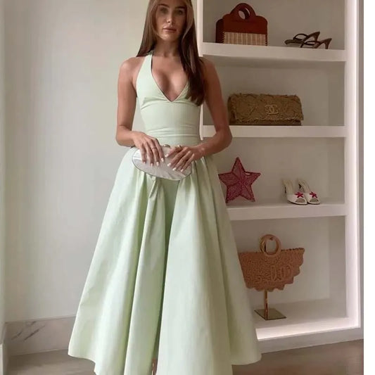 7 Colors  Sexy Backless Elegant Halter Dress For Women Low Waist A-line Midi Summer Evening Party Dresses Cotton Gowns