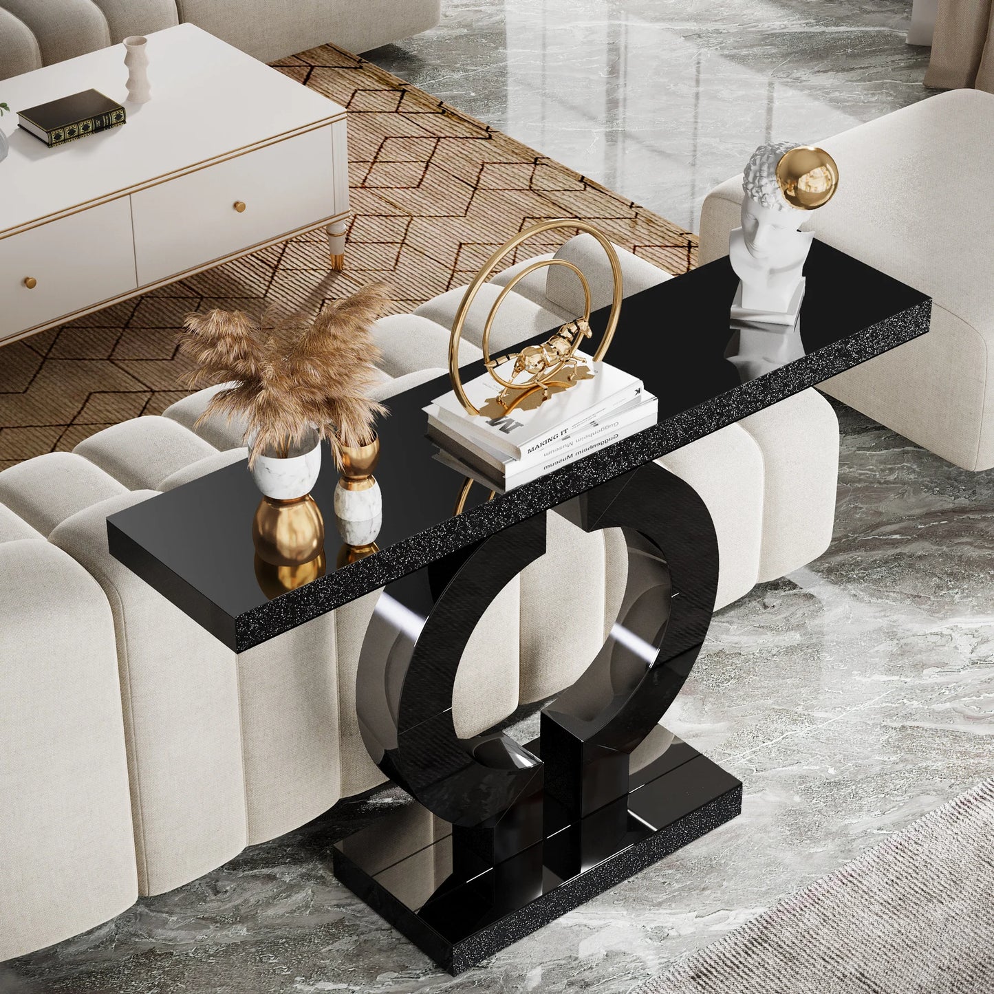 Ivory/Black Color 43-Inch Luxury Modern Mirrored Console Table, Glass Sofa Table with Mirror Finish, Entryway Table with O-Shaped Base, Home Furniture Supplies