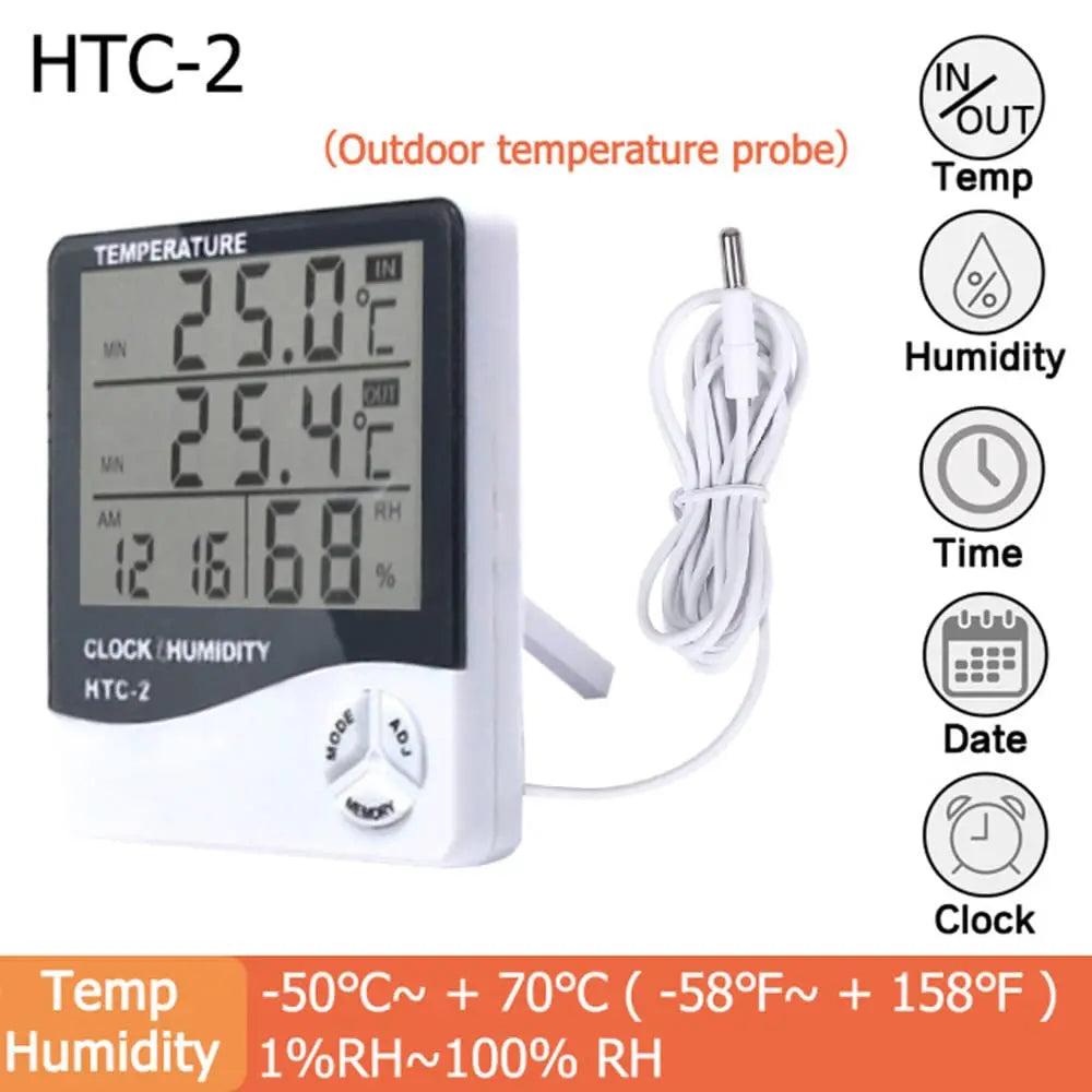 LCD Digital Temperature Humidity Meter HTC-2/HTC-1 Home Indoor Outdoor Garden Hygrometer Thermometer Weather Station with Clock Household Home Supplies