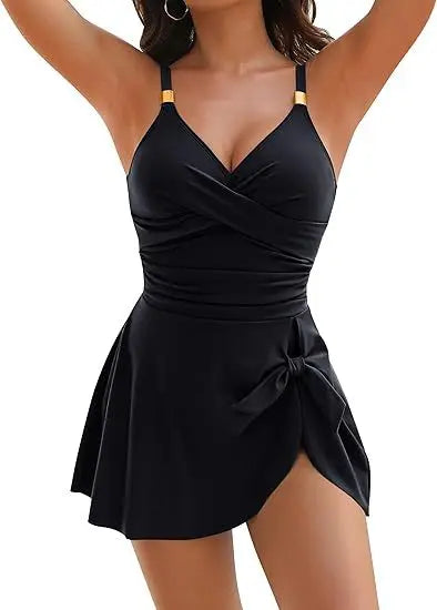 New Women Swim Dress Tummy Control Sexy One Piece Slim & Comfortable Ruched & Cross Swimwear Elastic Beachwear Bikini Cover Ups Dress Female Bathing Apparel Summer Beach Clothing Supplies