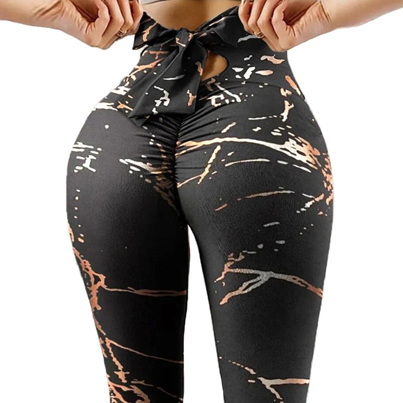 New Sports Breathable Fitness Pants High Elasticity Sweat-absorbent Hip Lift Printed Bow Tights High Waist Slim Yoga Pants Women