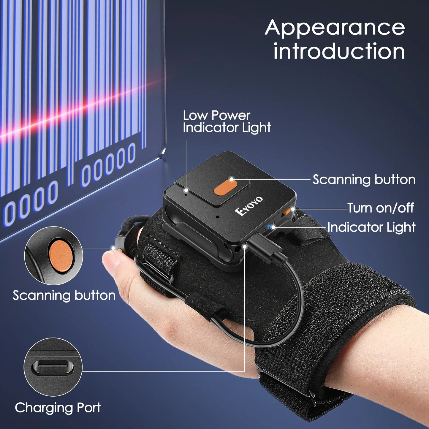 NEW 1D 2D Glove Wearable Ring Bluetooth Barcode Scanner Hand Wearable Finger Trigger Portable Wireless QR Code Scanner Reader