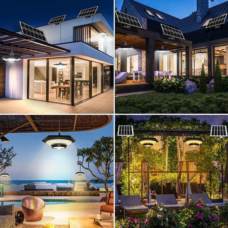 Motion Sensor Solar Pendant Lights Outdoor Indoor 228LED Shed Light with Motion Sensor 3 Lighting Modes Waterproof for House Gazebo Lamp