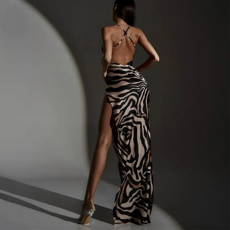 NEW Summer Lace Backless Evening Party Sexy Dress Women Fashion New Elegant Split Zebra Night Clubwear Dresses Y2k Slim Fit Lady Straps Dress