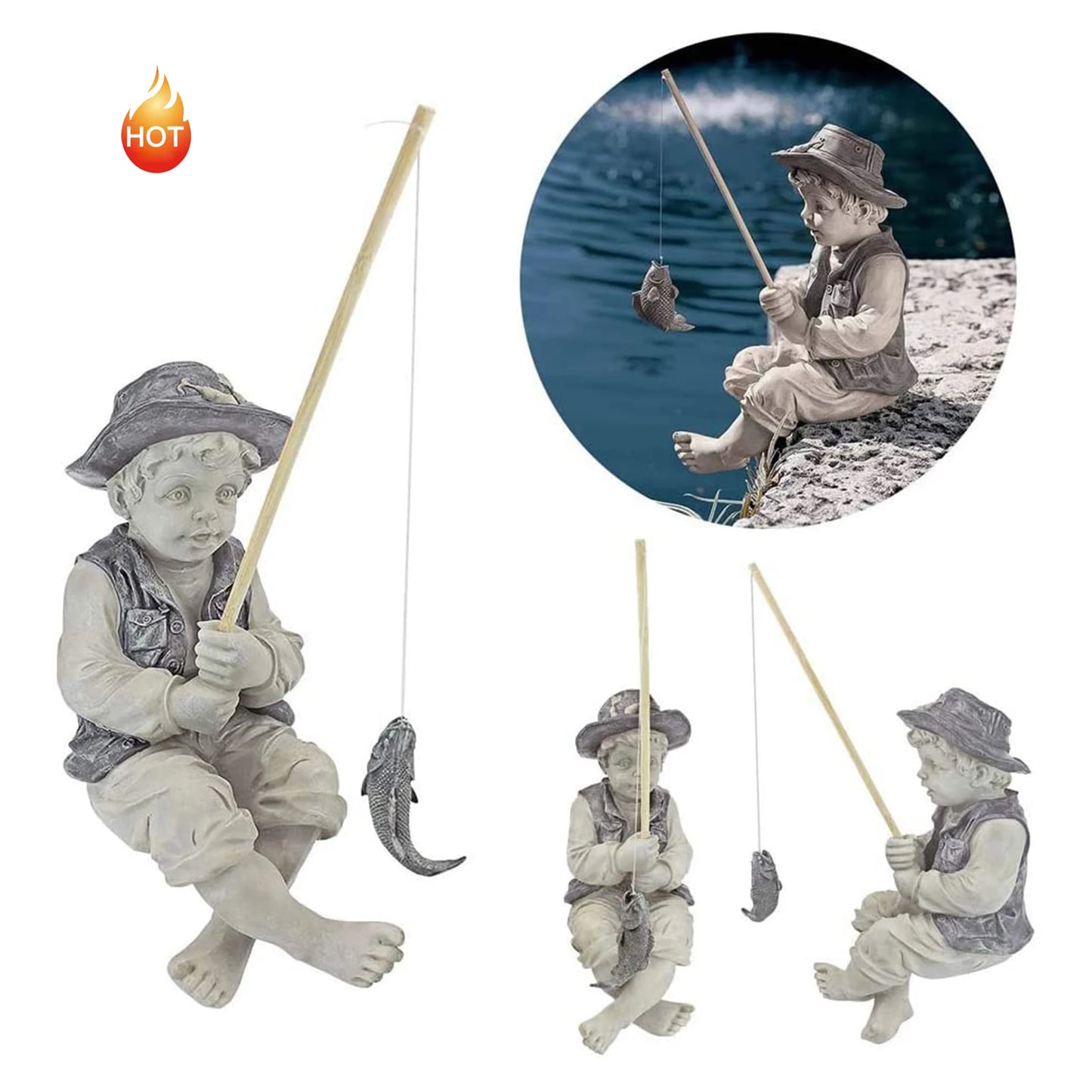 Garden Statue Gone Fishing Boy Yard Ornaments Resin Fisherman Funny Lawn Sculpture Home Decoration