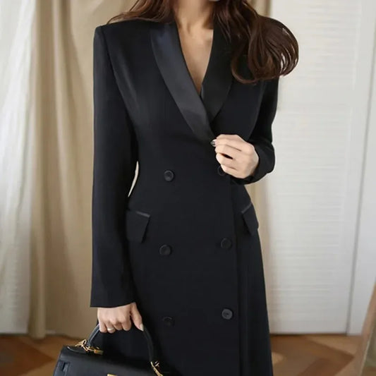 NEW Arrivals Italian Women Autumn Black Coat Double Breasted Notched Long Trench Female New Fashion Winter High Waist Outwears Slim Solid Windbreaker Office Lady Luxury Fashion Clothing Supplies