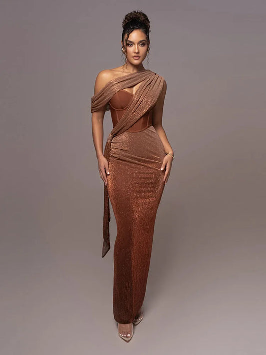 UK Size Green/Brown Color Sexy One Shoulder Draped Glitter Long Dress Women Brown Corset Sparkly Backless Bodycon Maxi Dresses Evening Party Gowns