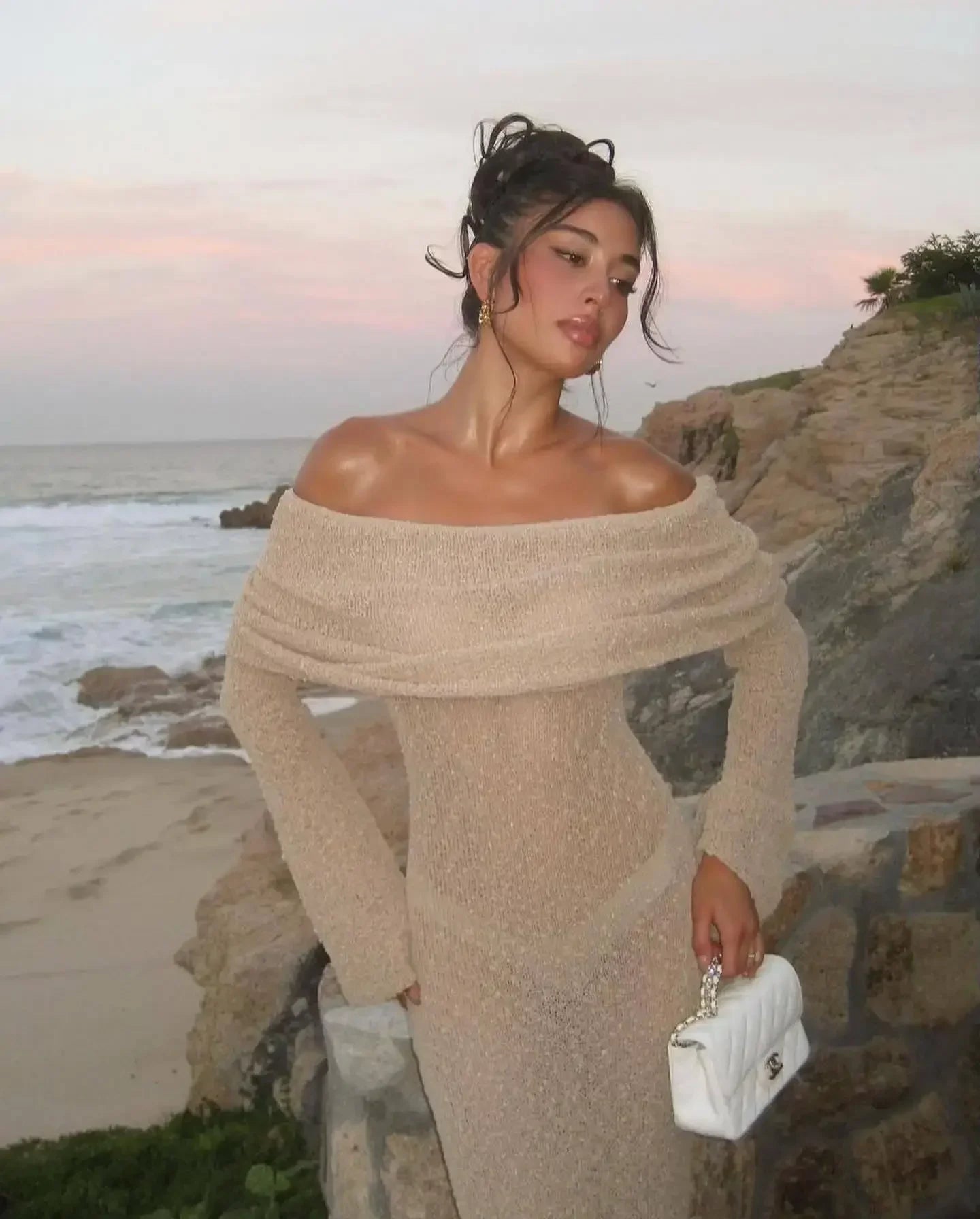 NEW Arrivals UK Size Black/Khaki/White Color Sexy Long Sleeve Hollow Out Knitted Dresses Women Elegant Off Shoulder Knit Long Dress Evening Beach Party Night Club See Through Dress