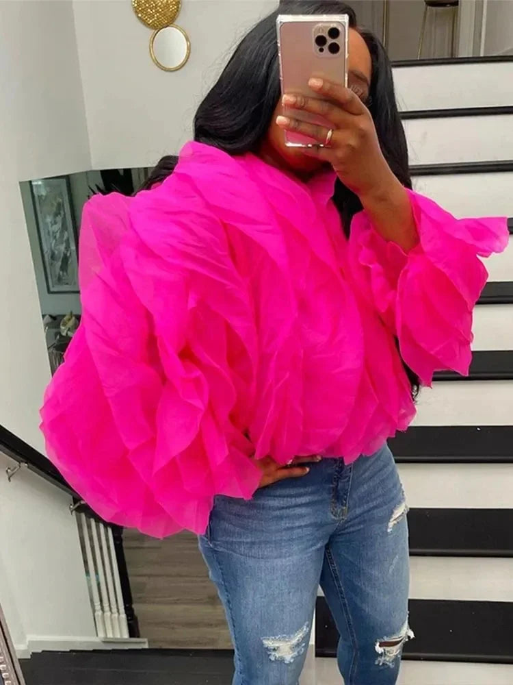 NEW S-3XL UK Plus Size Pink/Khaki Color Women Cascading Petal Chiffon Blouse Sexy Streetwear Cropped Top 2025 Summer Elegant Chic Shirt Ruffled Layered Puff Sleeve Outfits