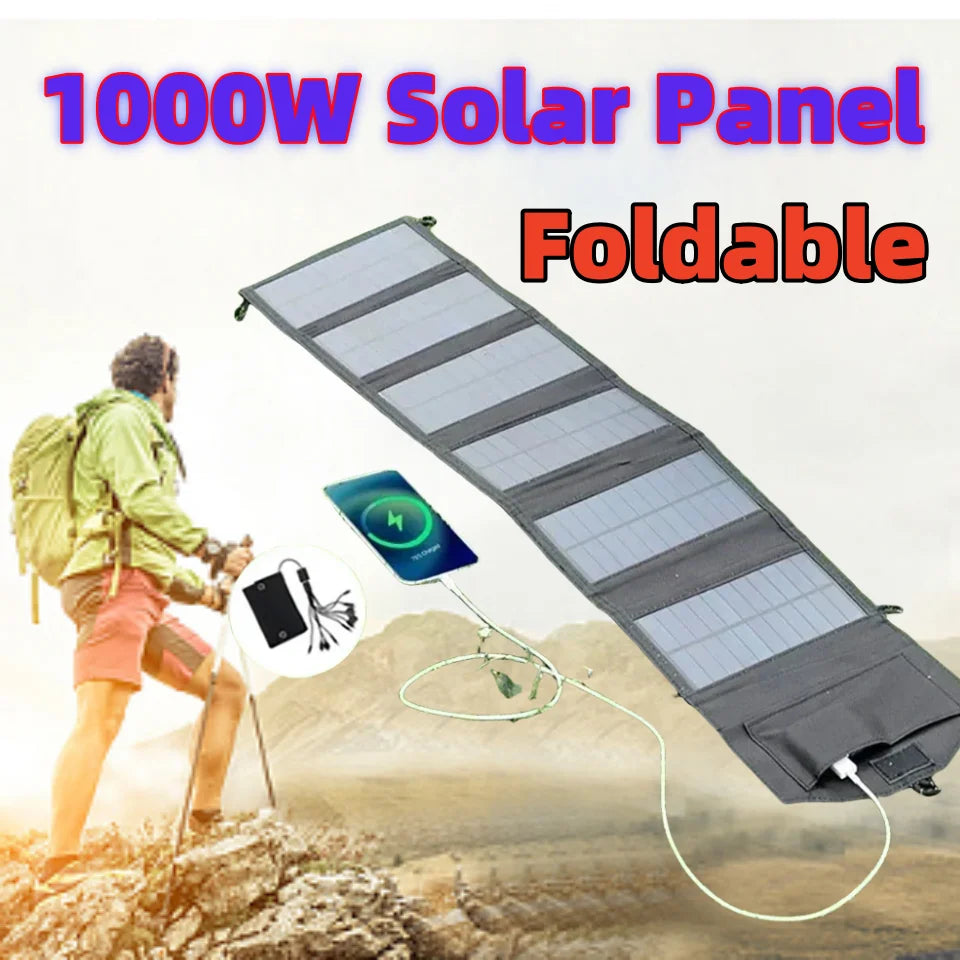 1000W Foldable Solar Panel Portable 6-Fold 30W/H  Emergency Survival Solar Panels Charger USB 5V DC Full Time Power Outdoor Camping Travel Mountain Hiking Mobile Power Supply