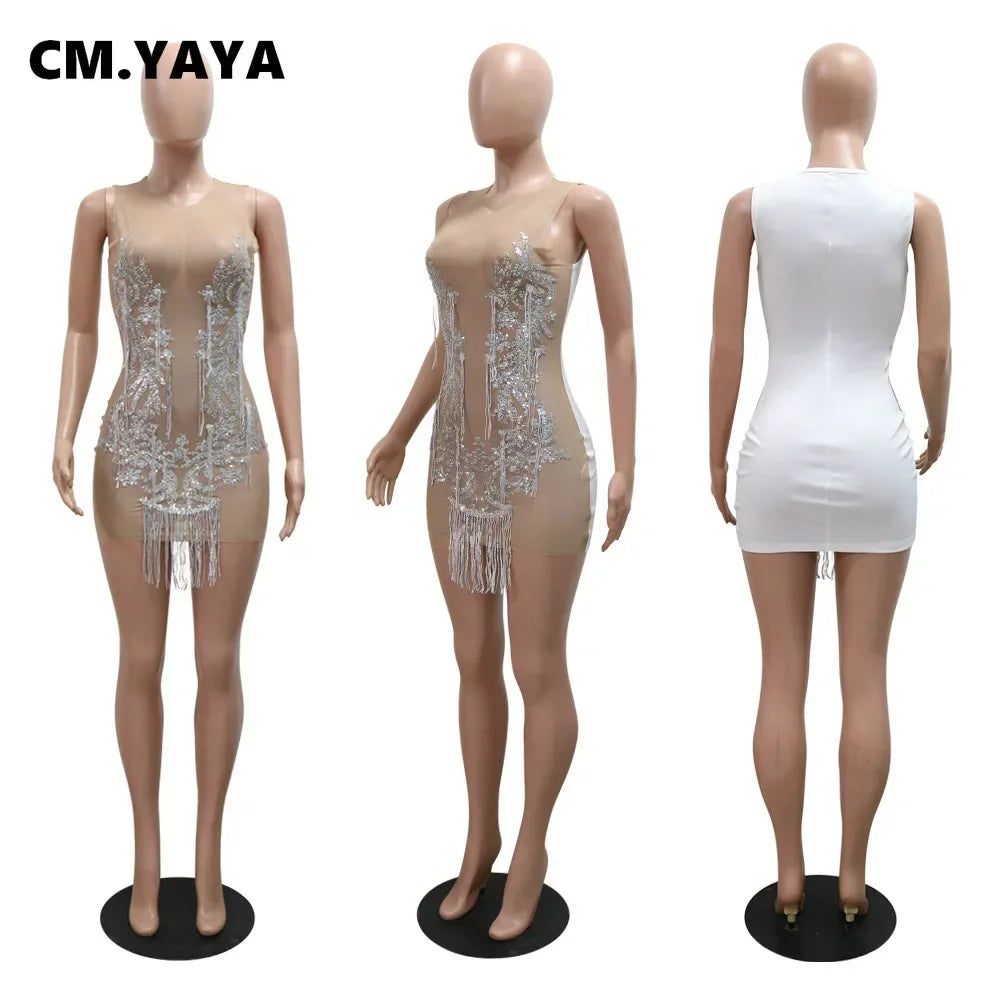Black/White Color Sexy Hot Girls Women O-Neck Sequined Tassel See Through Mini Dress Sleeveless Mesh Sexy Pencil Dresses Sexy Fashion Summer Evening Beach Party Night Clubwear Prom Clothes