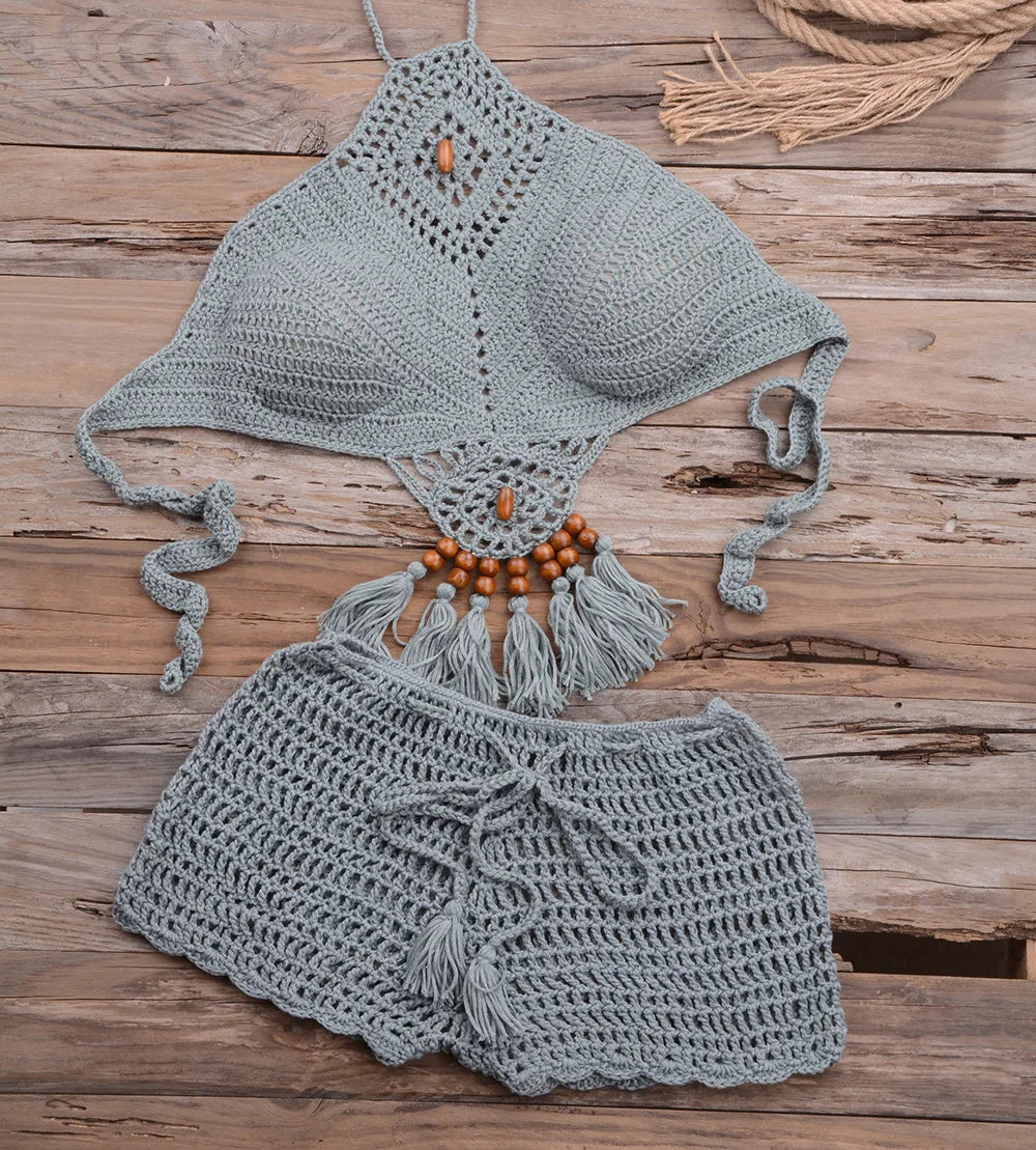 Handmade Bohemian Women Girls  Bikini 2PCS Set Crochet Knitting Mini Bra Top With Short  Swimsuit  Pareo Beachwear Suit Female Sexy Ladies Summer Beach Luxury Fashion Clothing Supplies