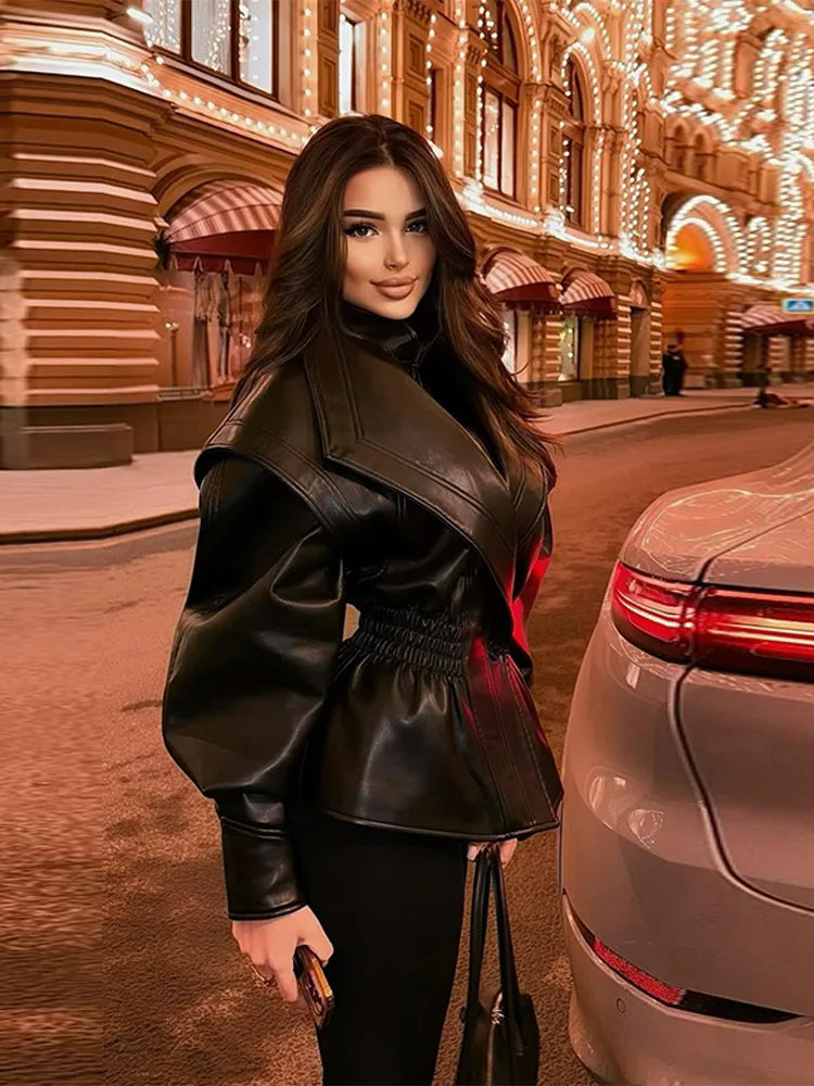 NEW Italian Design Turn-Down Collar Women Winter PU Leather Coats  Winter Autumn Zipper Slim Female Long Sleeve Elastic Waist Jacket Cool Girls Coat