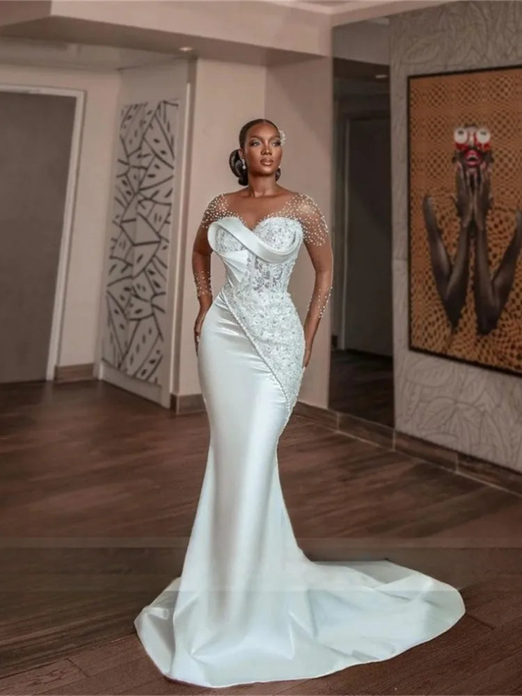 Low-Price Sales are Limited NEW White/Champagne (US SIZE) Women Luxury Pearls Beaded Mermaid African Wedding Dress Sheer O-Neck Long Sleeves Engagement Gowns Girls Ladies Luxury Fashion Clothing Supplies