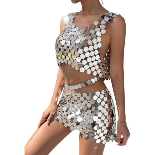 NEW Arrivals Sparkling Silver Sequins Backless Crop Tanks Top with Waist Chain Skirt Set Beach Festival Body Jewelry Outfit for Women Girls