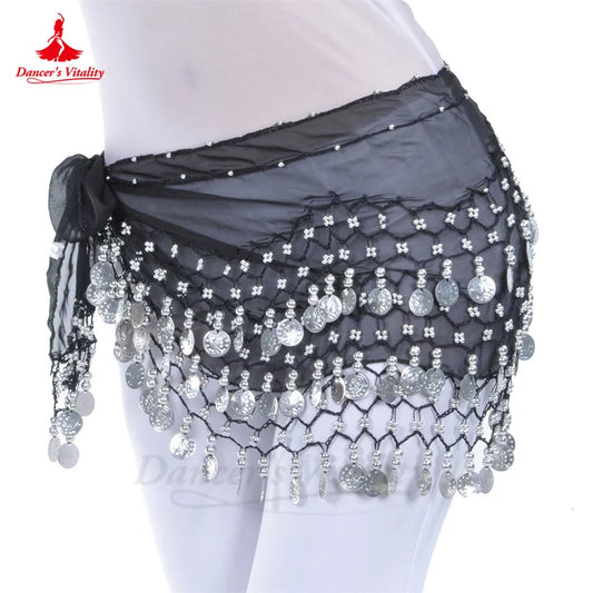 NEW Arrivals Belly Dance Belt for Women Chiffon Gold Coins Oriental Dancing Wear Accessories Girl's Chiffon Silver Coins Belly Dance Hip Scarf