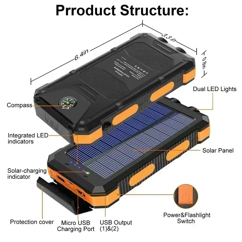 Lenovo 200000mAh Solar Power Bank Outdoor Camping Portable Charger Powerbank Waterproof External Battery Charging with LED Light