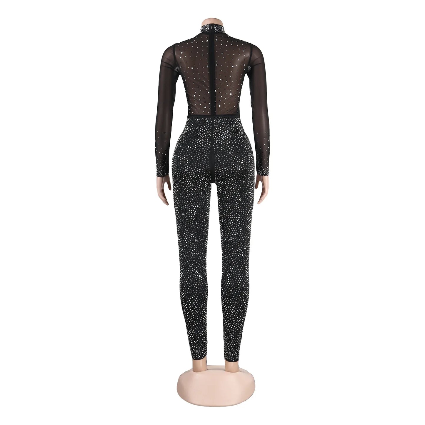 Sexy Party Jumpsuits Women Autumn Solid Mesh Diamond Fashion Long Sleeve Pants Jumpsuit Clubwear Female Overalls Streetwear