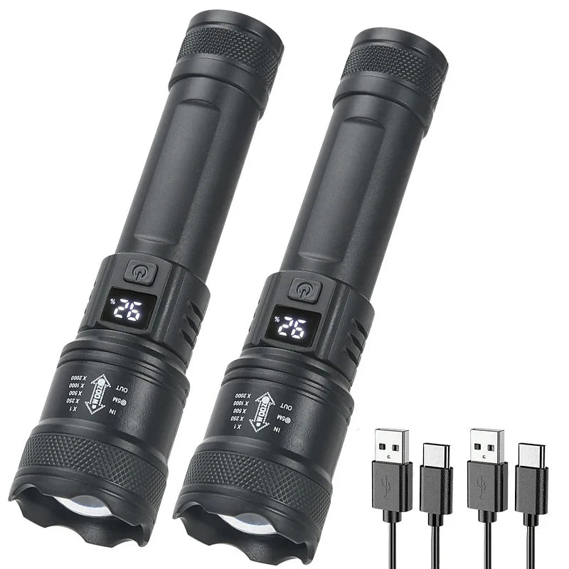 3 PCS Set 500m Lighting Distance Rechargeable LED Flashlight 10000LM Zoomable Torch Waterproof 5 Modes with LCD Display  Charging for Camping Hiking Night Walking Emergency Tools