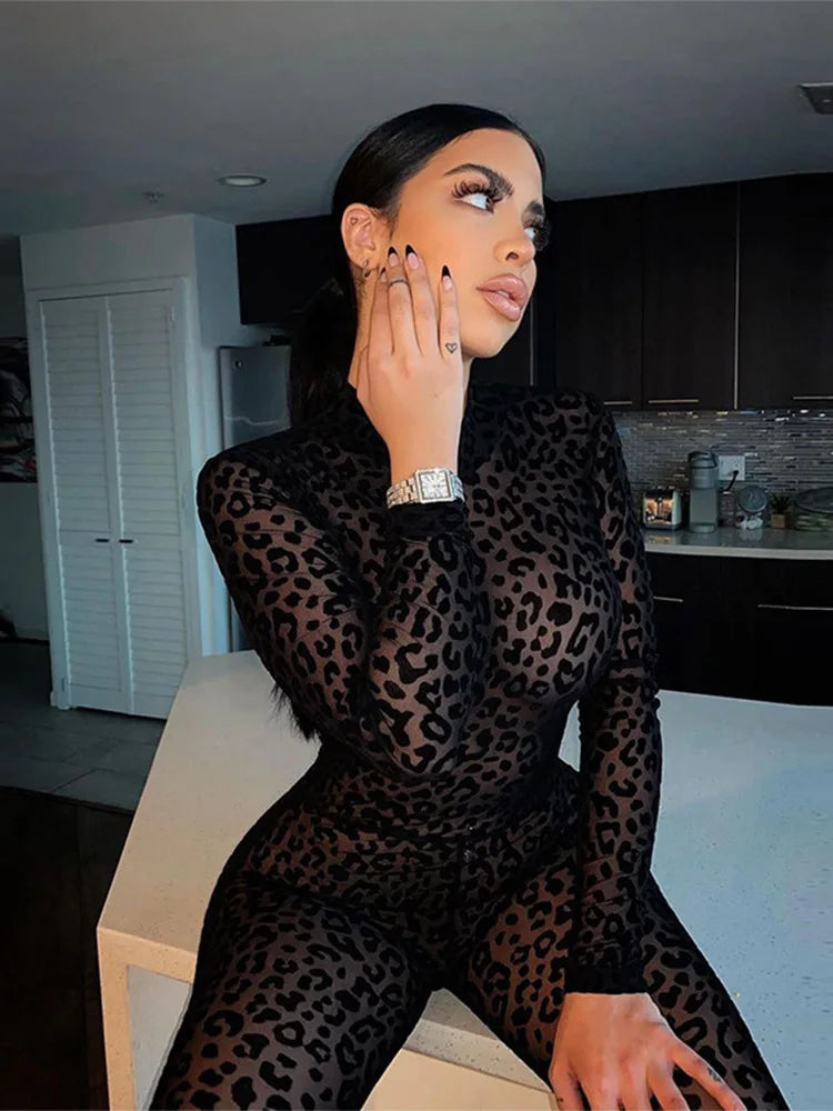 Women's  Sexy Leopard Black See Through Jumpsuit Midnight Clubwear Animal Instinct Mesh Tight Stockings Leopard Transparent Velvet Long Sleeved Jumpsuit