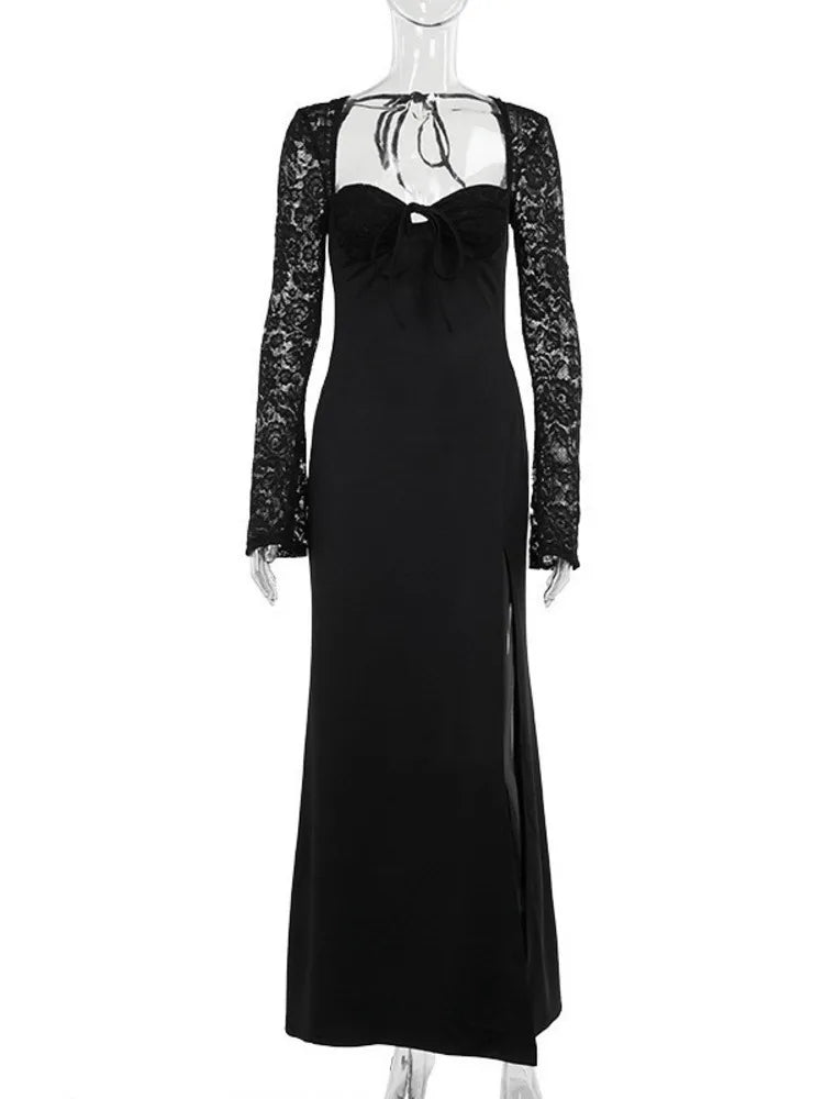NEW Arrivals UK Size Black/White Color Lace Long Sleeve Sexy Maxi Dress Women Autumn New Square Collar Backless Lace-Up High Split Sexy Evening Beach Night Club Party Long Dress