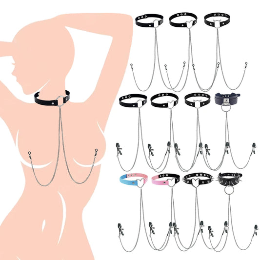 1pc Nipple Ring With Choker Necklace Punk Style Long Chain Nipple Barbell Piercing Jewelry