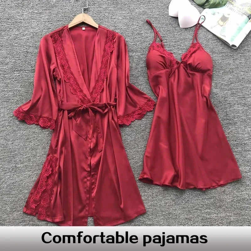 NEW 2PCS Set Female Lace Pajamas Set Satin Home Lace Robe Sleep Suit V-Neck Wedding Nightwear Silk Dress Women Sleepwear