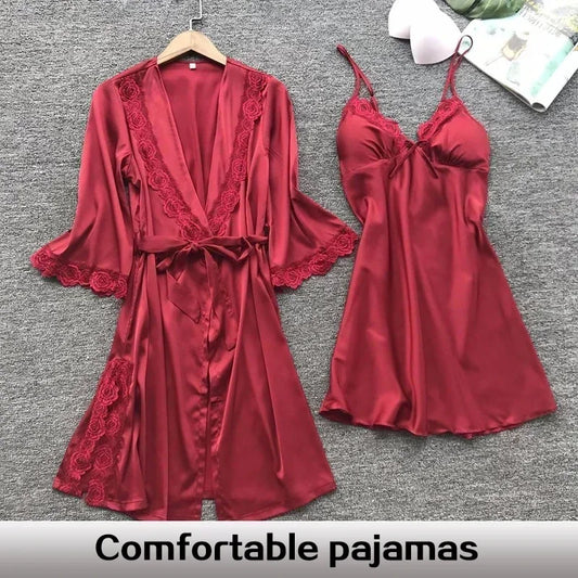NEW 2PCS Set Female Lace Pajamas Set Satin Home Lace Robe Sleep Suit V-Neck Wedding Nightwear Silk Dress Women Sleepwear