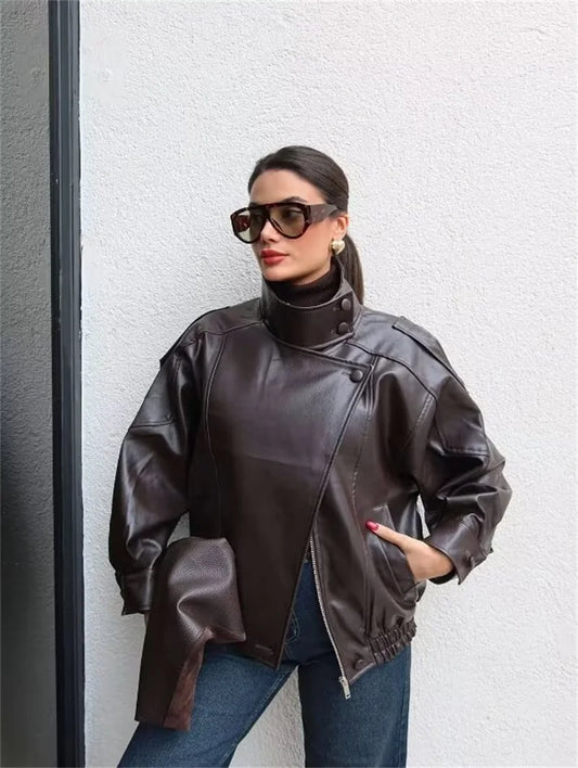 UK Size Black/Brown/Claret Color Women's Jacket  New Black Long Sleeve Pebble PU Leather Jacket Motorcycle Style Personality Fashion Women Winter Outwear Jacket