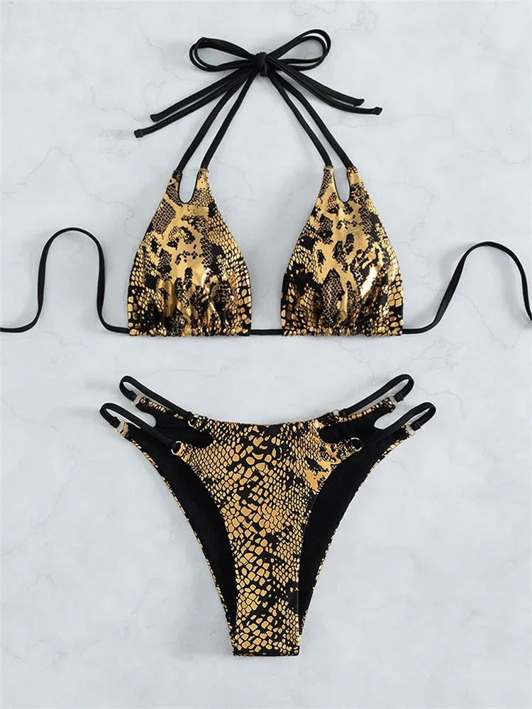 Sexy Gold Snake Print Bikini Women Halter Cut Out Push Up Micro Swimsuit Summer Bathing Suit Lace Up High Waist Swimwear