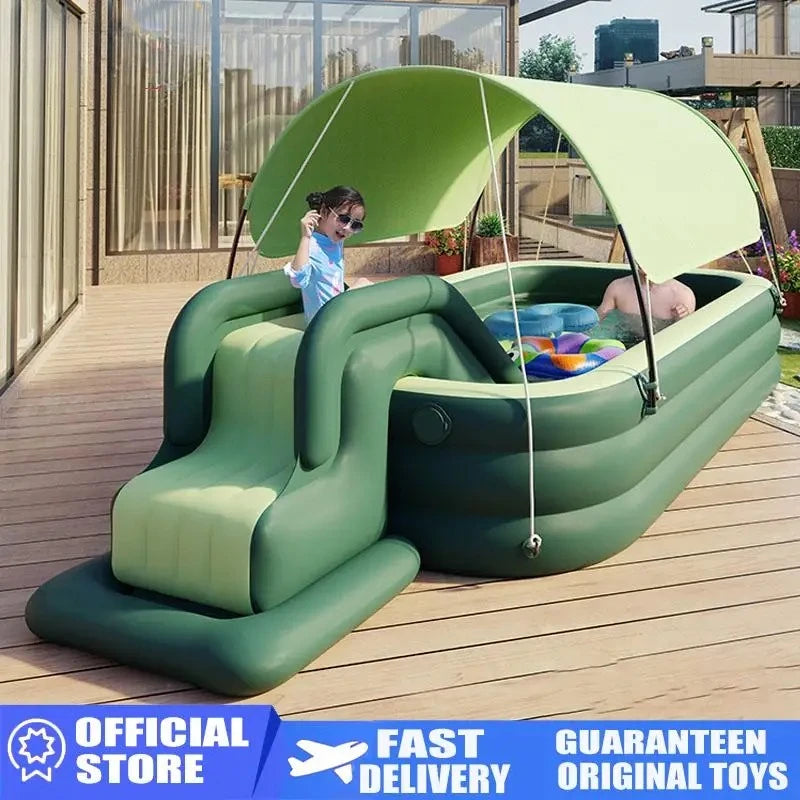 Home Villa Outdoor Large Size 3M Foldable Inflatable Water Pool with Sun Canopy and Slide, Children's Family Swimming Pool for Outdoor Party & Baby Water Fun Summer Water Sport Games