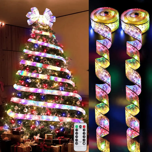 NEW Arrivals 5CM Wide Christmas Ribbon Fairy Light Christmas Decoration DIY Bows String Light Tree Ornaments For Home Xmas Decor New Year Eve Accessories Supplies