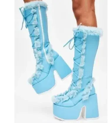 New Arrivals Winter Women Snow Boots Platform Wedge High Heel Rabbit Fur Lady Shoes Female Plush Warm Non-Slip Mid Calf Boots Goth Shoes Girls Footwear Supplies