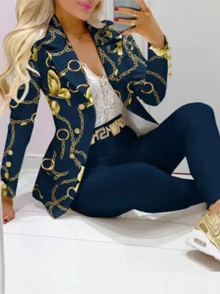 NEW Arrivals 2PCS Set 12 Patterns/Colors Autumn Winter Luxury Italian Suit Long Sleeve Blazer Women's Suit Fashion Color Matching Slim Elegant Female Office Lady Night Business Suit Ladies Luxury Fashion Clothing Supplies