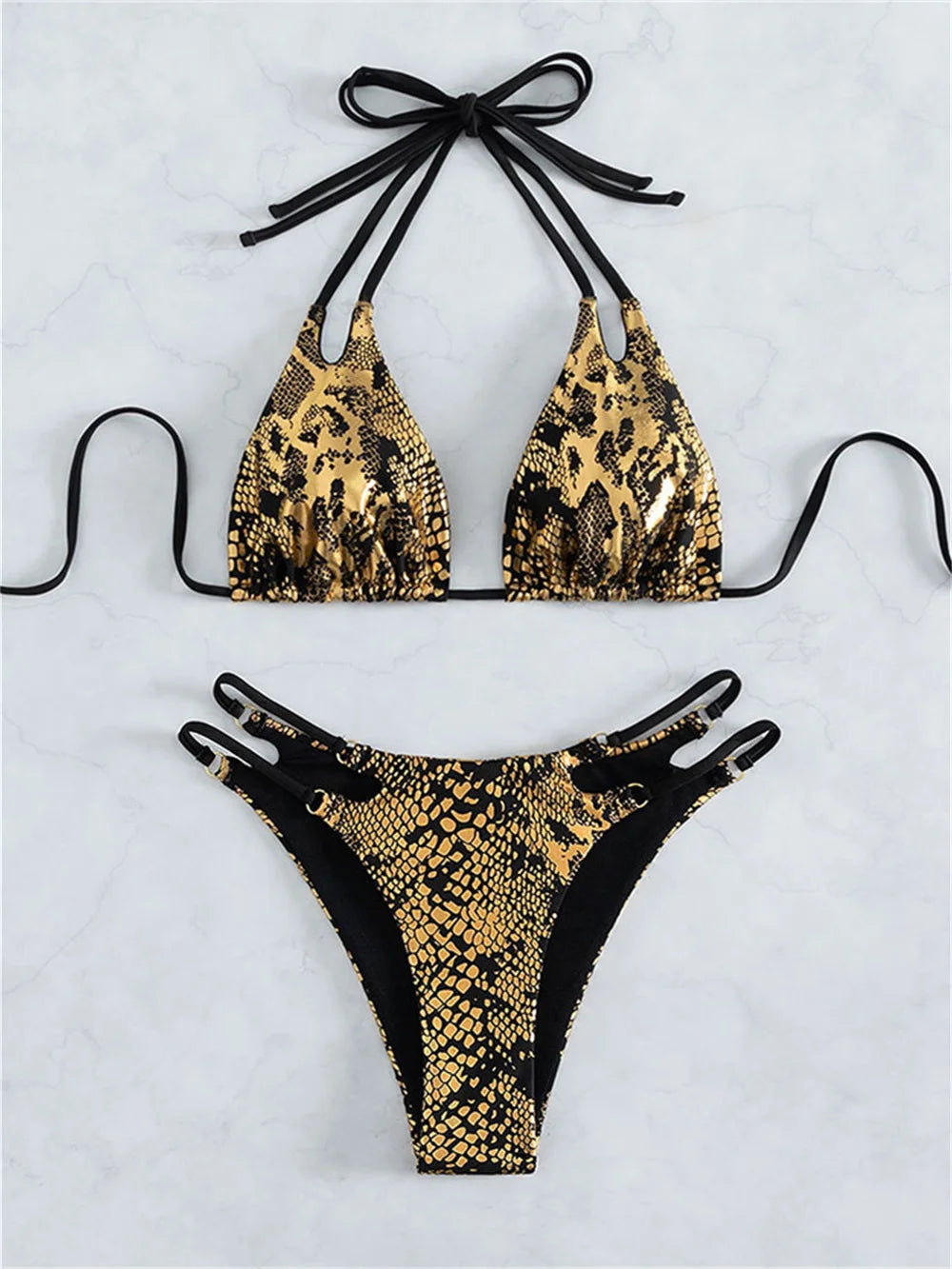 Black Gold Snakeskin Bikini Metallic Bronzing Goth Swimsuit Push Up Backless Extreme String Swimwear Thongs Women Beach Bathing Suit Ladies Summer Beach Vacation Outfits