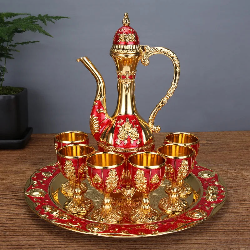 New Arrival 8 Colors Elegant Golden White Wine Set Court Wine Jug Cups Plate Set Home Bar Exquisite Decor