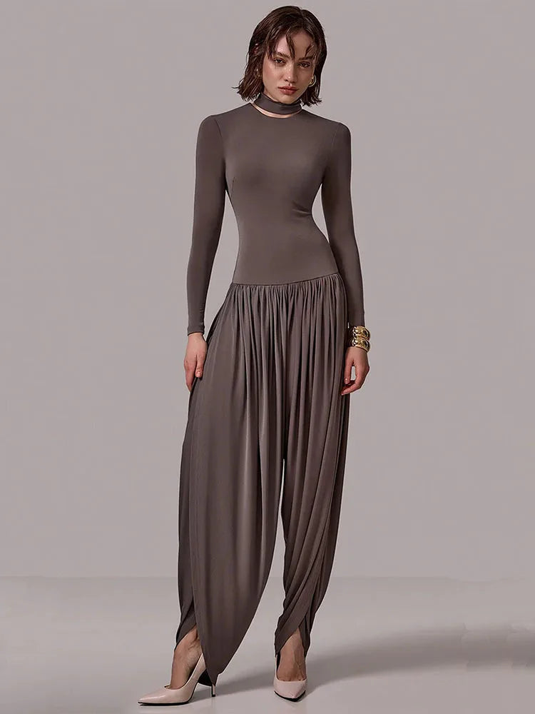 NEW Black/Gray/Coffee Color UK Size Long Sleeve Draped Sexy Jumpsuit Women Overalls Autumn Winter New Patchwork Solid Turtleneck High Waist Slim Jumpsuits Girls Streetwear Clothes