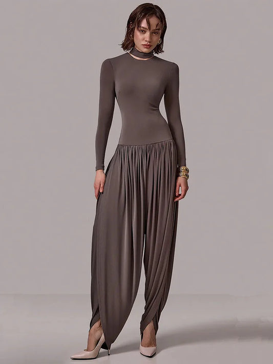 NEW Black/Gray/Coffee Color UK Size Long Sleeve Draped Sexy Jumpsuit Women Overalls Autumn Winter New Patchwork Solid Turtleneck High Waist Slim Jumpsuits Girls Streetwear Clothes