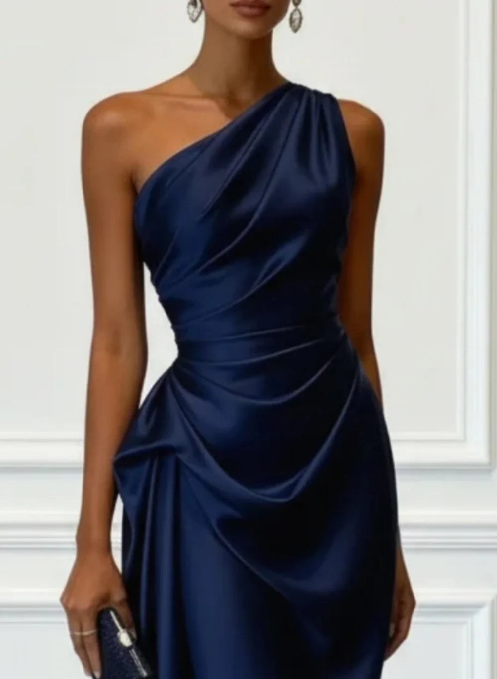 S-2XL UK Size One Shoulder Luxury Satin Midi Dress With Ruched Waist Elegant Sleeveless Evening Wedding Guest Business Party Formal Gown Ladies Outfits.