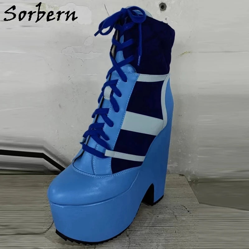 Sorbern Blue 18cm Block High Heel Sneaker Lace Up Ankle Boots Unisex Custom Colors Round Toes Chunky Heeled Wedge Boots
