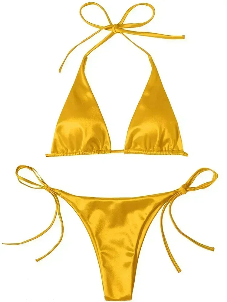 18 Colors UK Size Halter Brazilian Metallic Satin Bikini Women Swimwear Female Swimsuit Two-pieces Bikini Set High Cut Bathing Suit Swim Beachwear