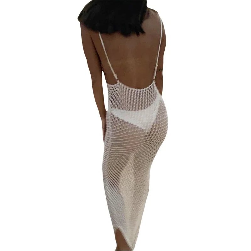Sexy Beach Dress Women Bikini Cover Ups Solid Color V-Neck Handmade Crochet Cutout Sleeveless Backless See Through Long Dress Beach Party Dresses Ladies Bathing Apparel Accessories