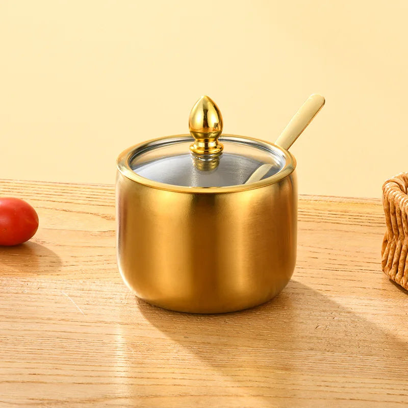 Home Villa Restaurants Hotels Household Luxury 304 Silver/Gold Color Stainless Steel Seasoning Tank Buffet Restaurant Hotel Seasoning Salt Storage Tank with Holder Rack Home Kitchenware Tools Sets
